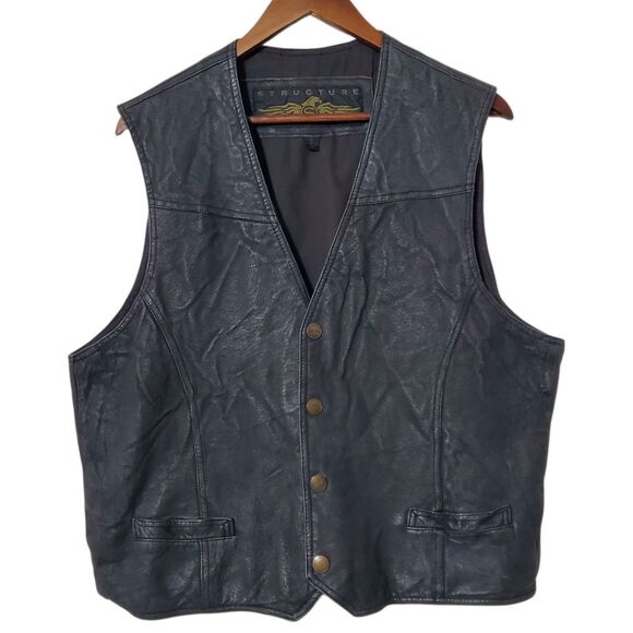 Vintage 90’s Structure Black Leather Snap Biker Vest Size L Mens - Picture 1 of 9